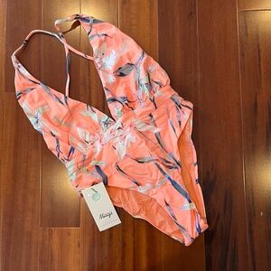 New NWT Maaji Pink Floral Swimsuit Plunge Deep Neck Printed Criss Cross Sz Small